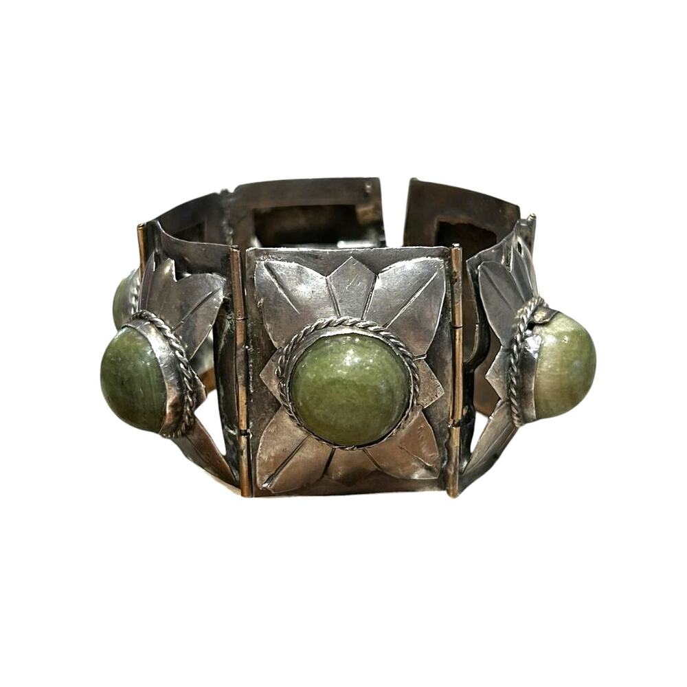 Vintage Antique Mexican Sterling Silver Green Calcite Link Panel Bracelet